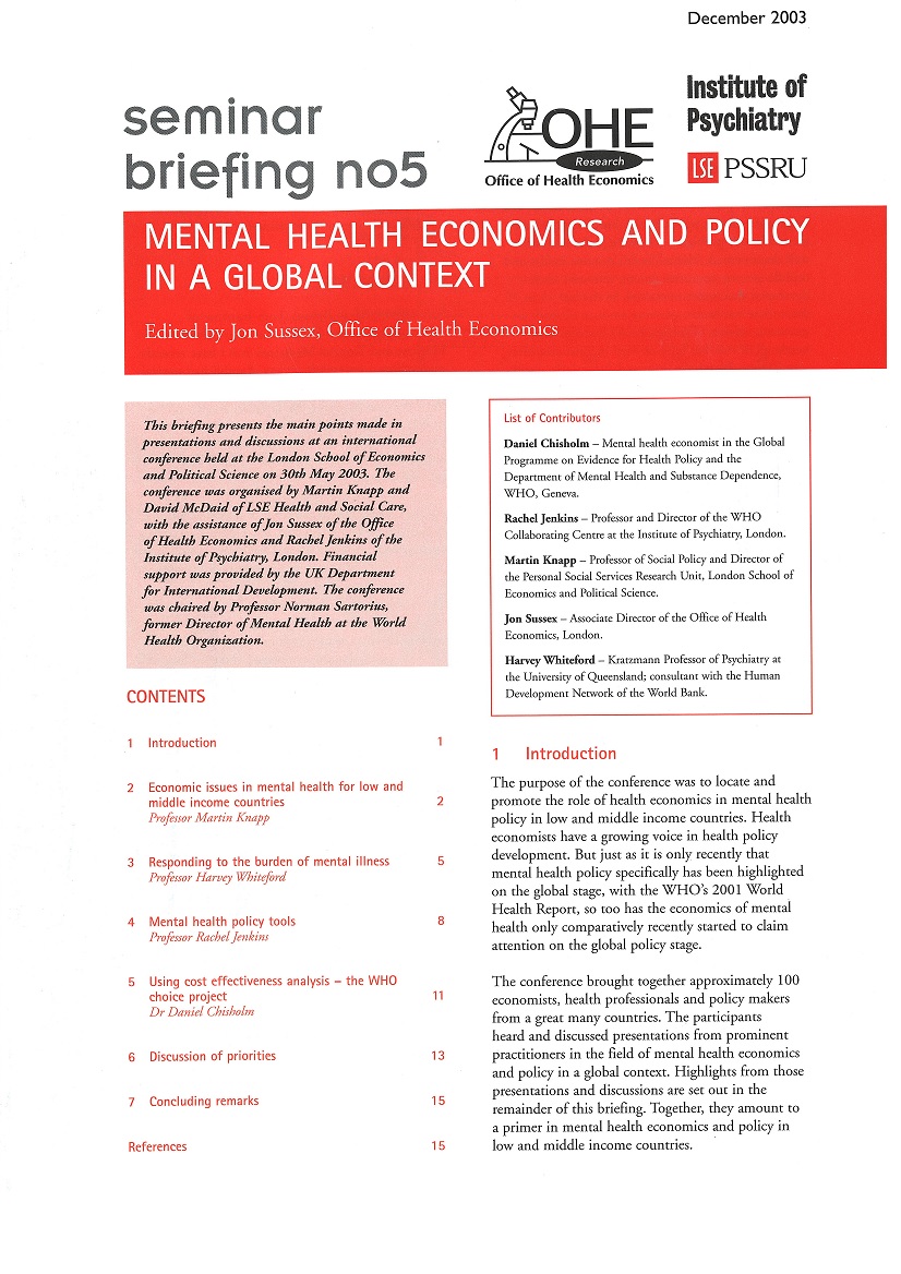 Mental Health Economics and Policy in a Global Context