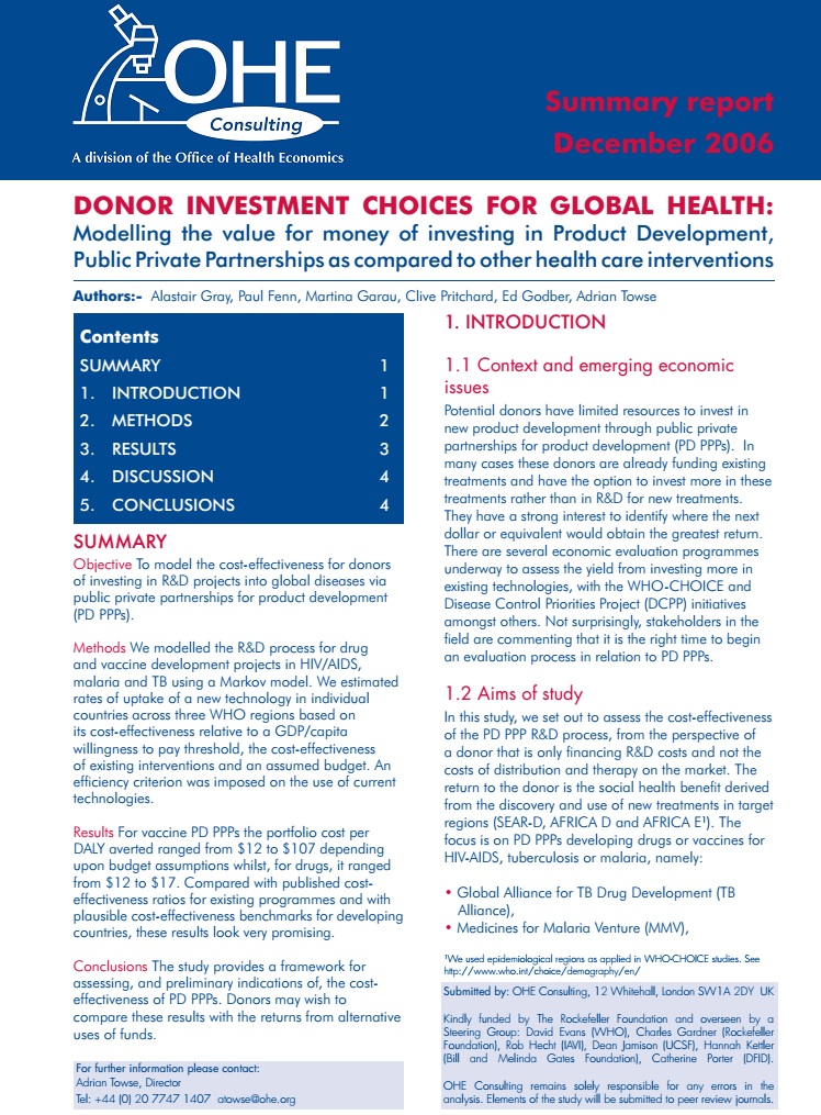 Donor Investment Choices: Modeling the Value for Money of Investing in Product Development, Public Private Parnerships as Compared to Other Health Care and Non-Health Care Interventions