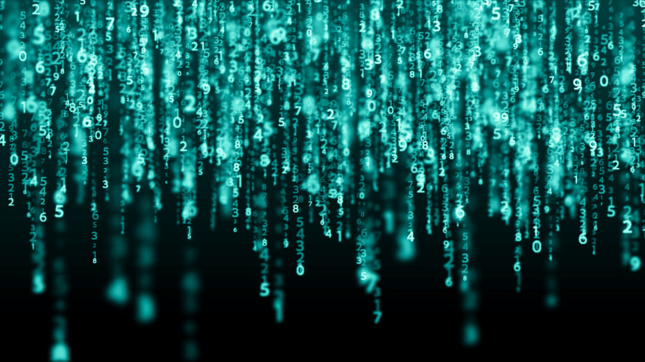 Glowing teal numbers cascade downward, representing data streams and digital technology.