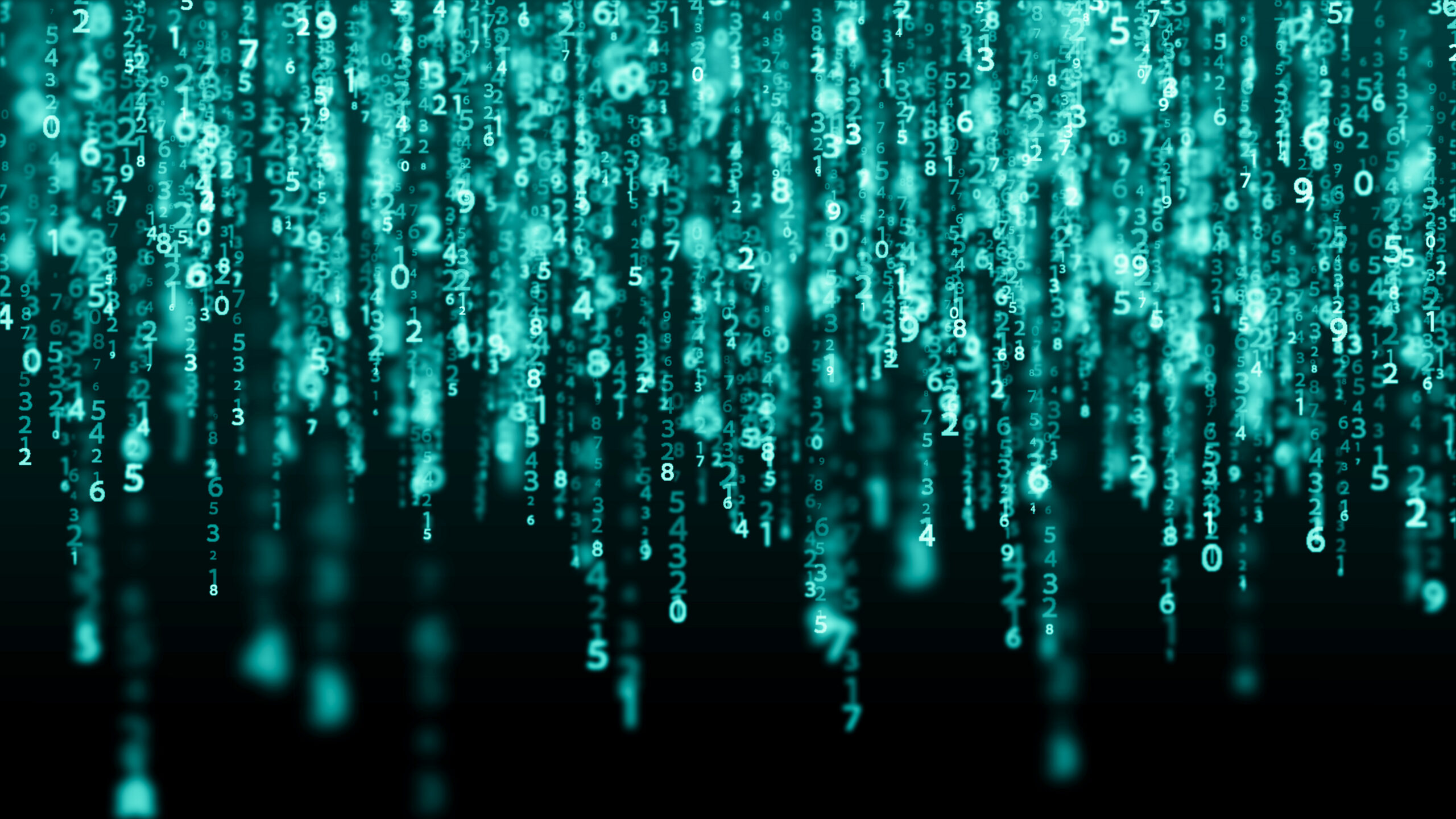 Glowing teal numbers cascade downward, representing data streams and digital technology.