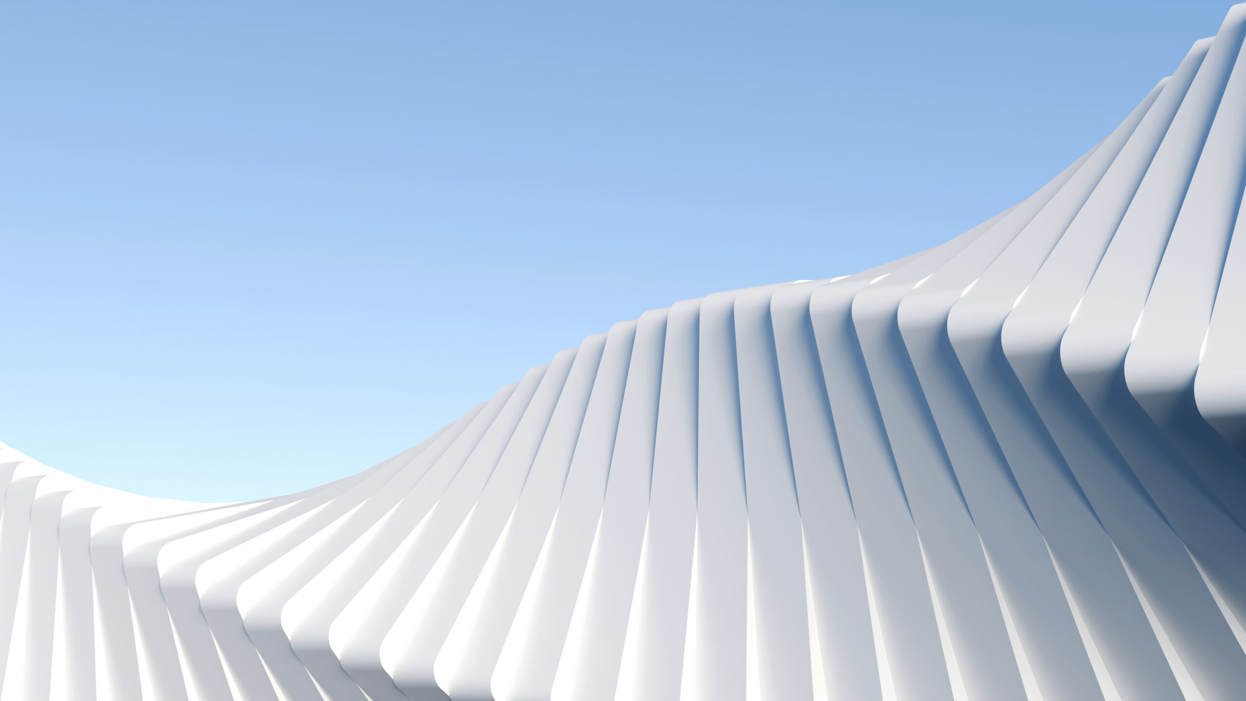 Abstract 3D white architectural wave background Minimalist parametric geometric structure under clear blue sky perfect for luxury real estate banners and modern corporate backdrop design
