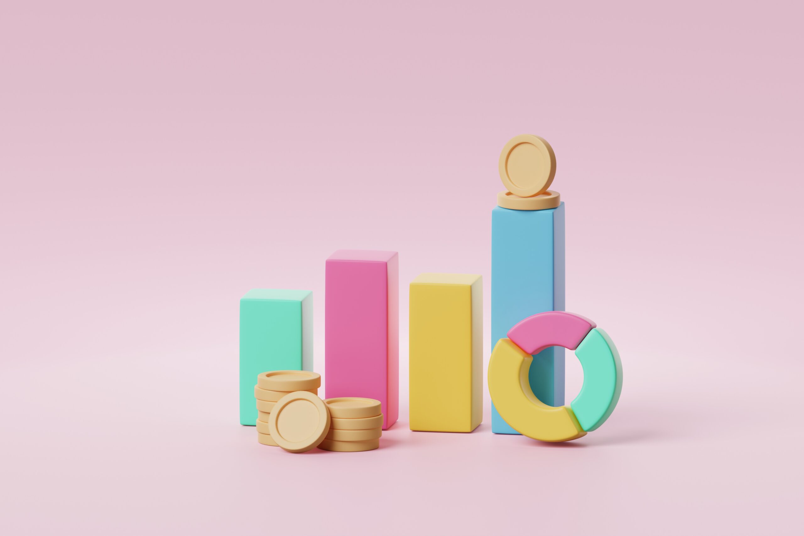 Colorful stacked blocks with coin piles and rings on a pink background, suggesting growth or wealth building.