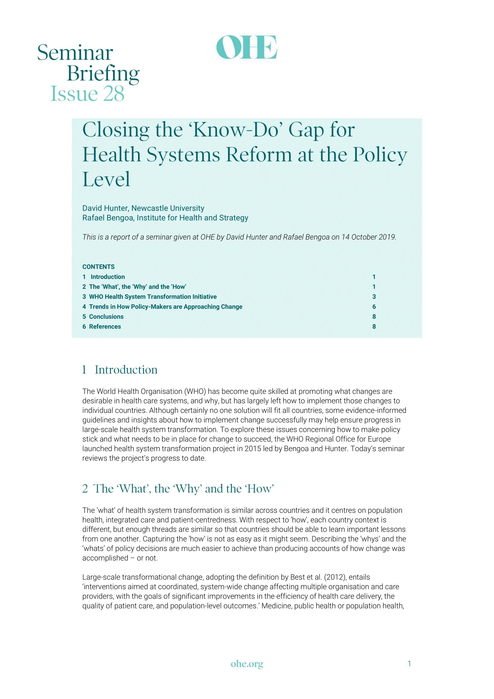 Closing the ‘Know-Do’ Gap for Health Systems Reform at the Policy Level