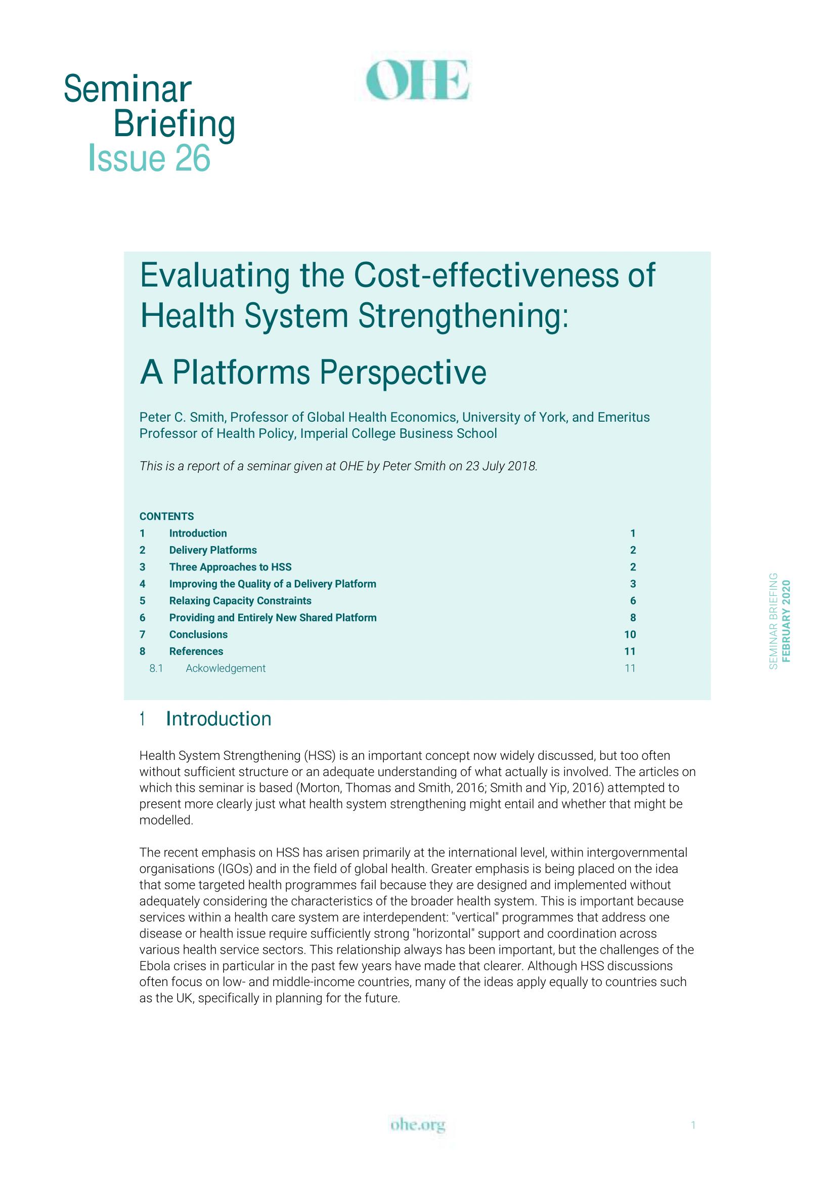 Evaluating the Cost-effectiveness of Health System Strengthening: A Platforms Perspective