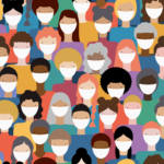 Illustration of diverse crowd of people wearing medical masks fo