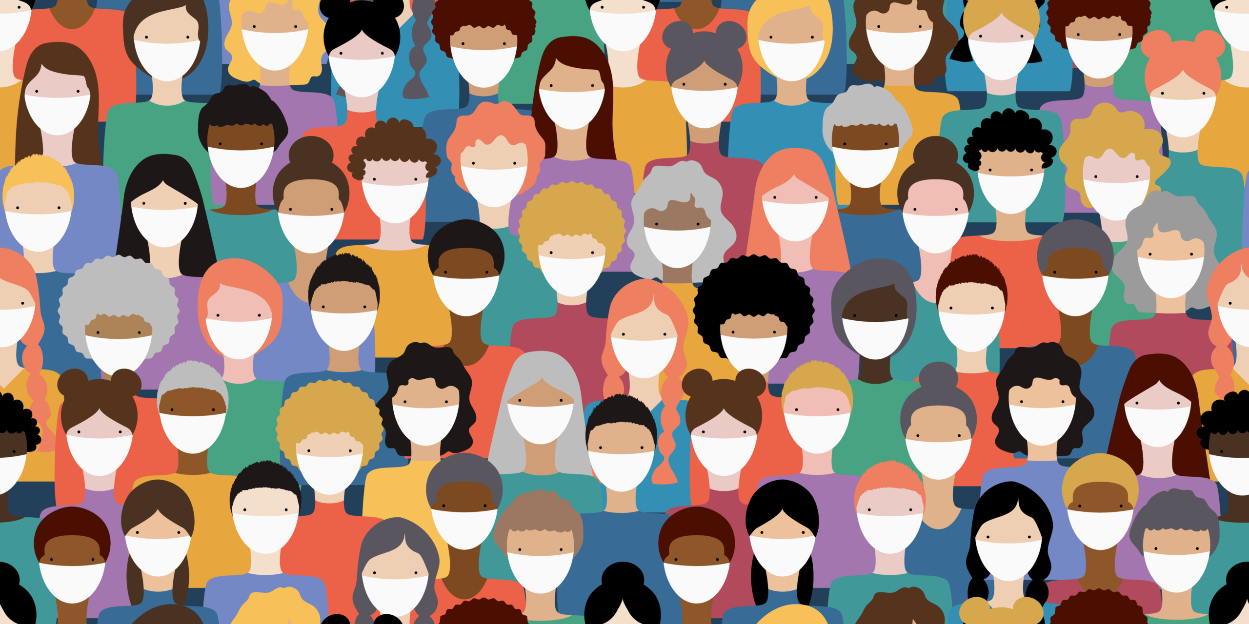 Illustration of diverse crowd of people wearing medical masks fo