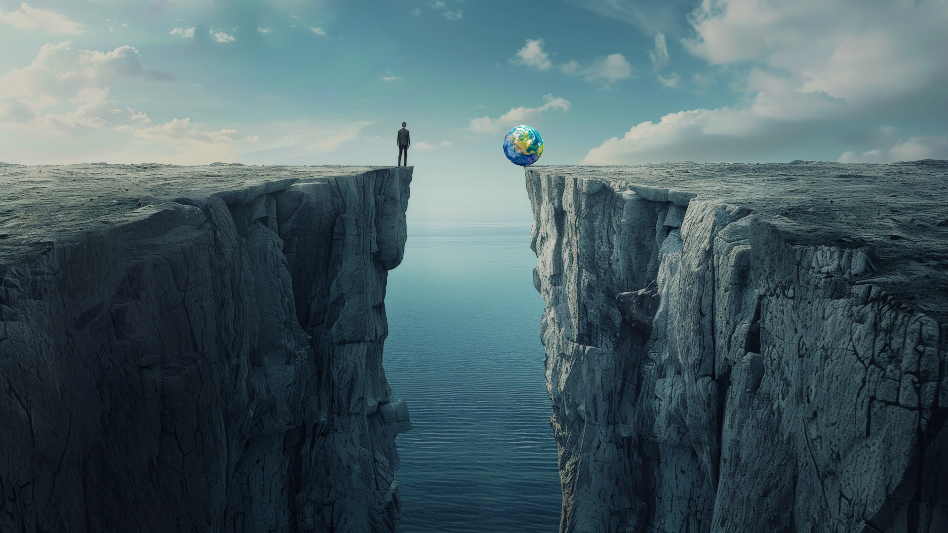 A man standing on one side of a chasm and the globe is on the other side.