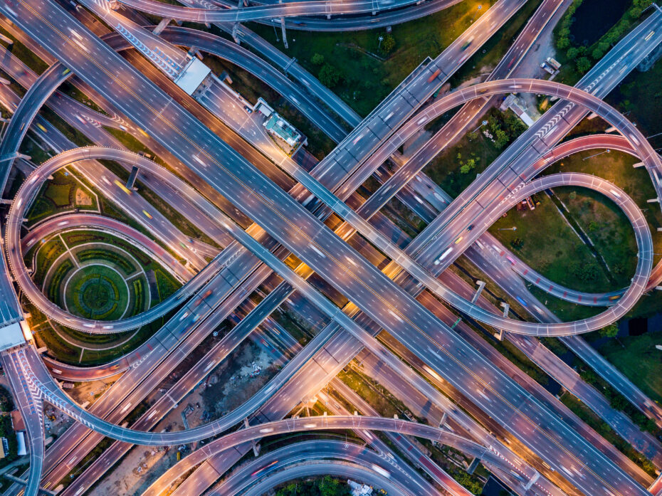 Top view of Highway road junctions at night The Intersecting fr