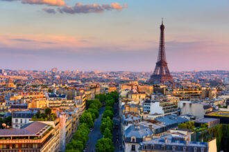 Skyline of Paris with Eiffel Tower in Paris France Panoramics