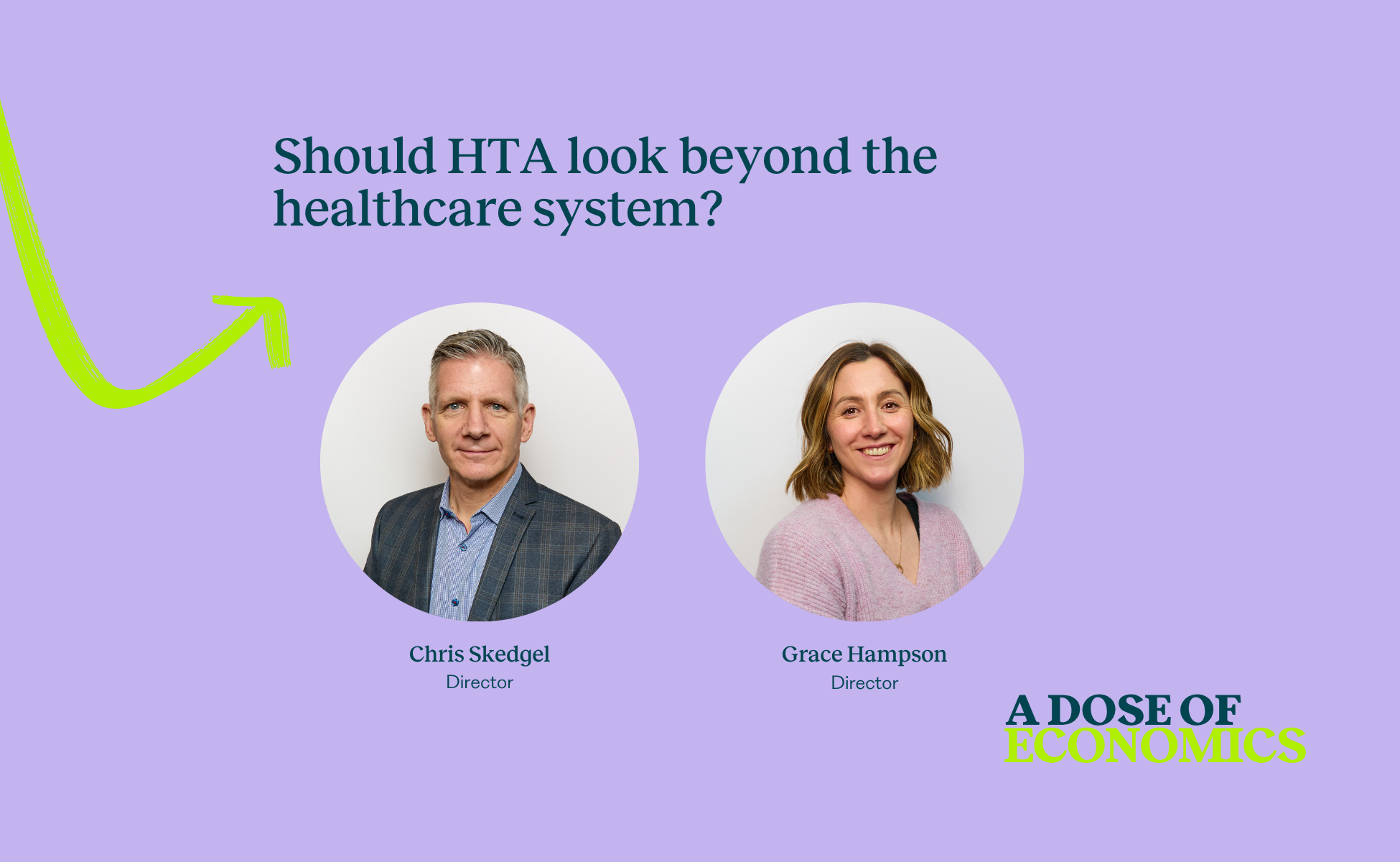 Header: 'Should HTA look beyond the healthcare system?' on lavender background with two circular headshots (Chris Skedgel, Director; Grace Hampson, Director) and the 'A DOSE OF ECONOMICS' logo surface in lime.