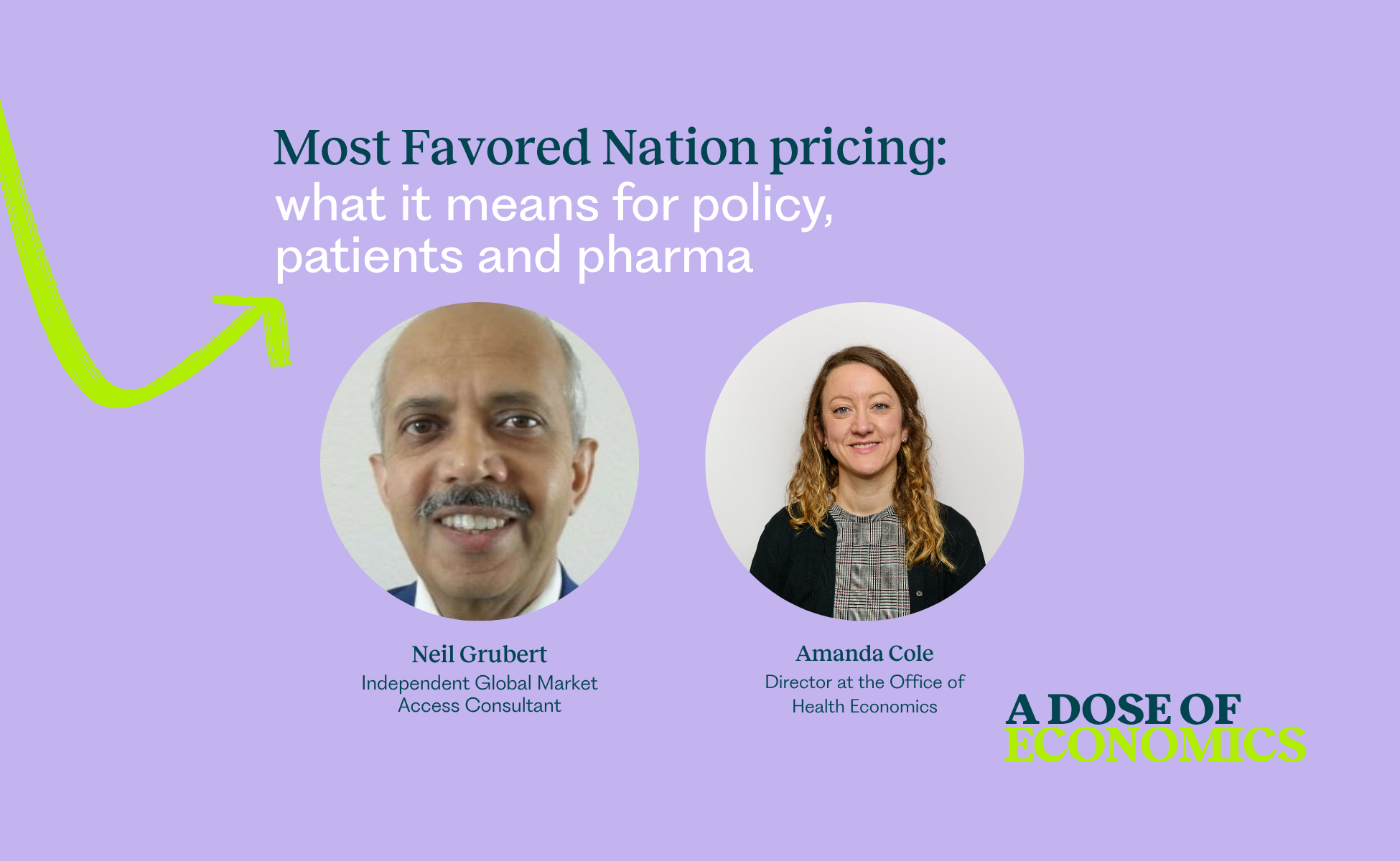 Purple banner with two circular headshots (Neil Grubert and Amanda Cole) and the article title about Most Favored Nation pricing on policy, patients, and pharma.