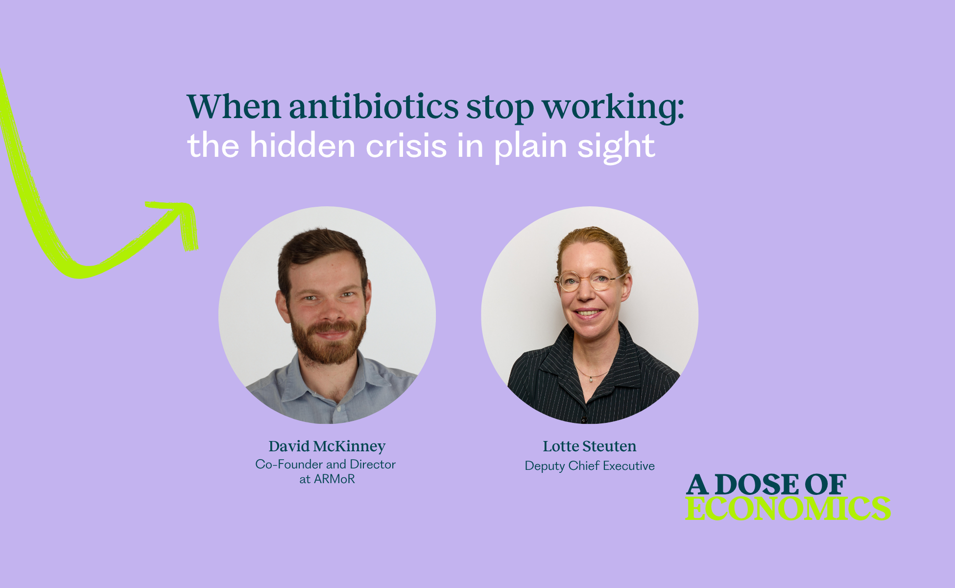 Hero banner: purple background with a lime arrow, featuring the headline “When antibiotics stop working: the hidden crisis in plain sight” and two circular portraits of David McKinney and Lotte Steuten with captions beneath.