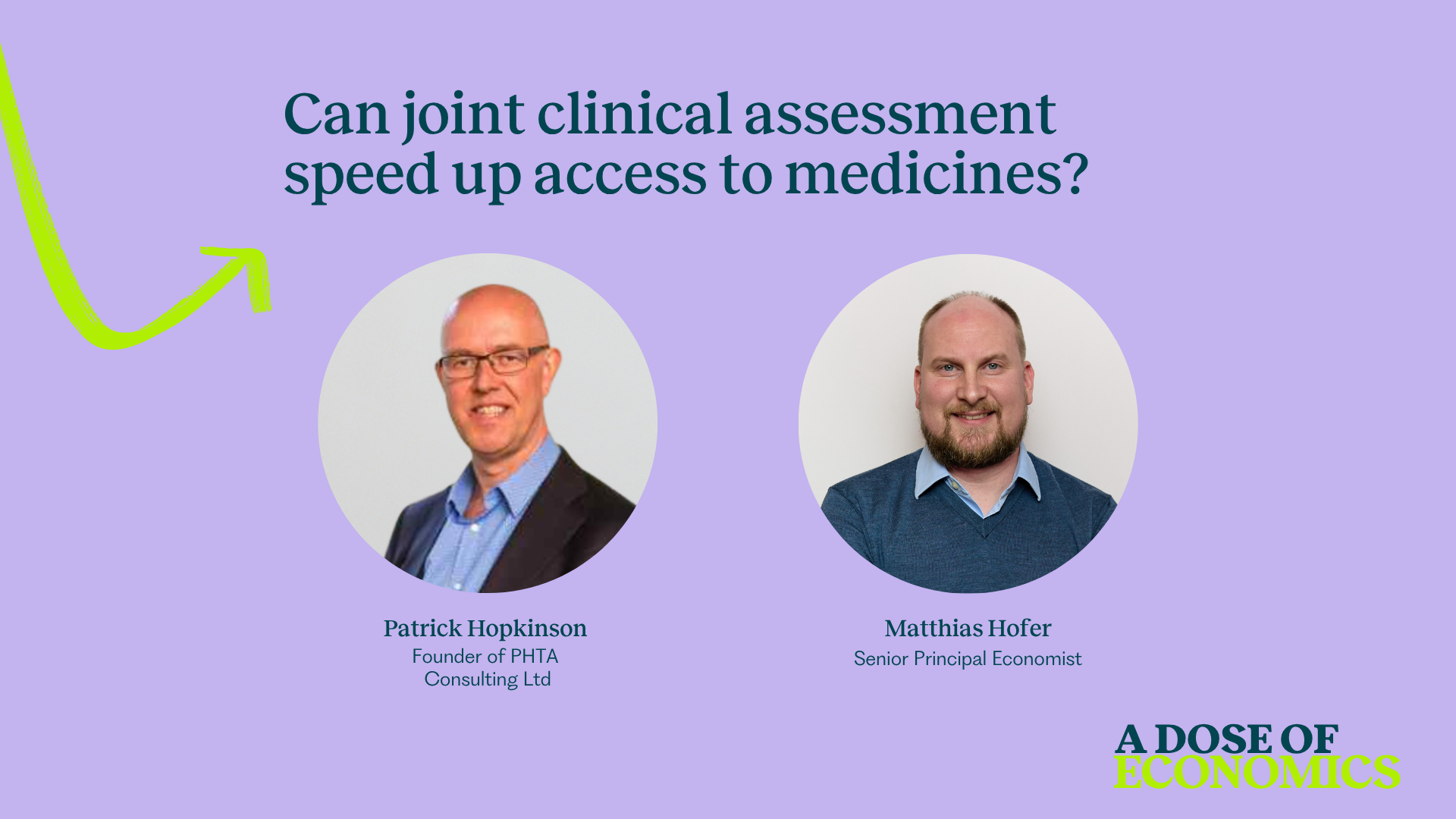 Two professional headshots on a purple background with captions, accompanying article header about joint clinical assessment and access to medicines.
