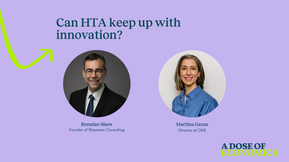 Two professional headshots on a lavender background under the title 'Can HTA keep up with innovation?'; Brendan Shaw (Founder of Shawview Consulting) and Martina Garau (Director at OHE).