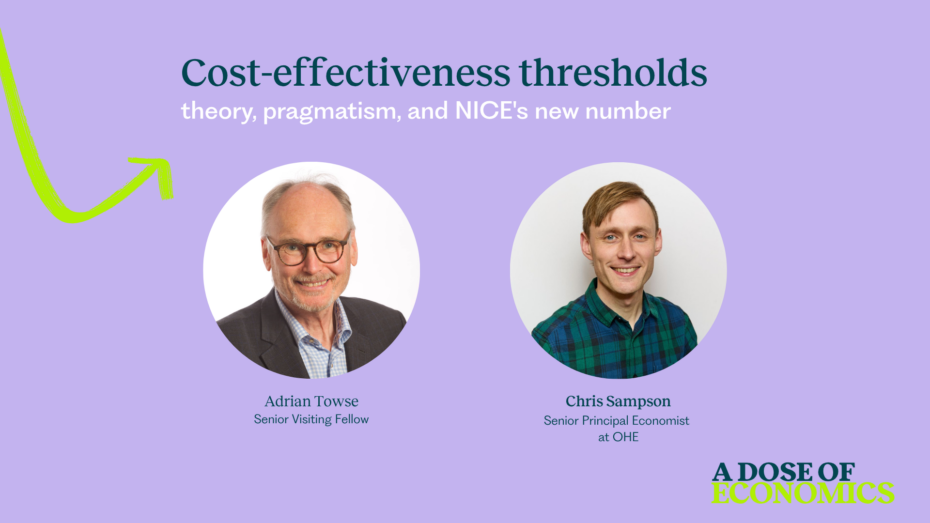 Intro slide of podcast episode with pictrues of Adrian Towse and Chris Sampson, under the tex of cost-effectiveness thresholds