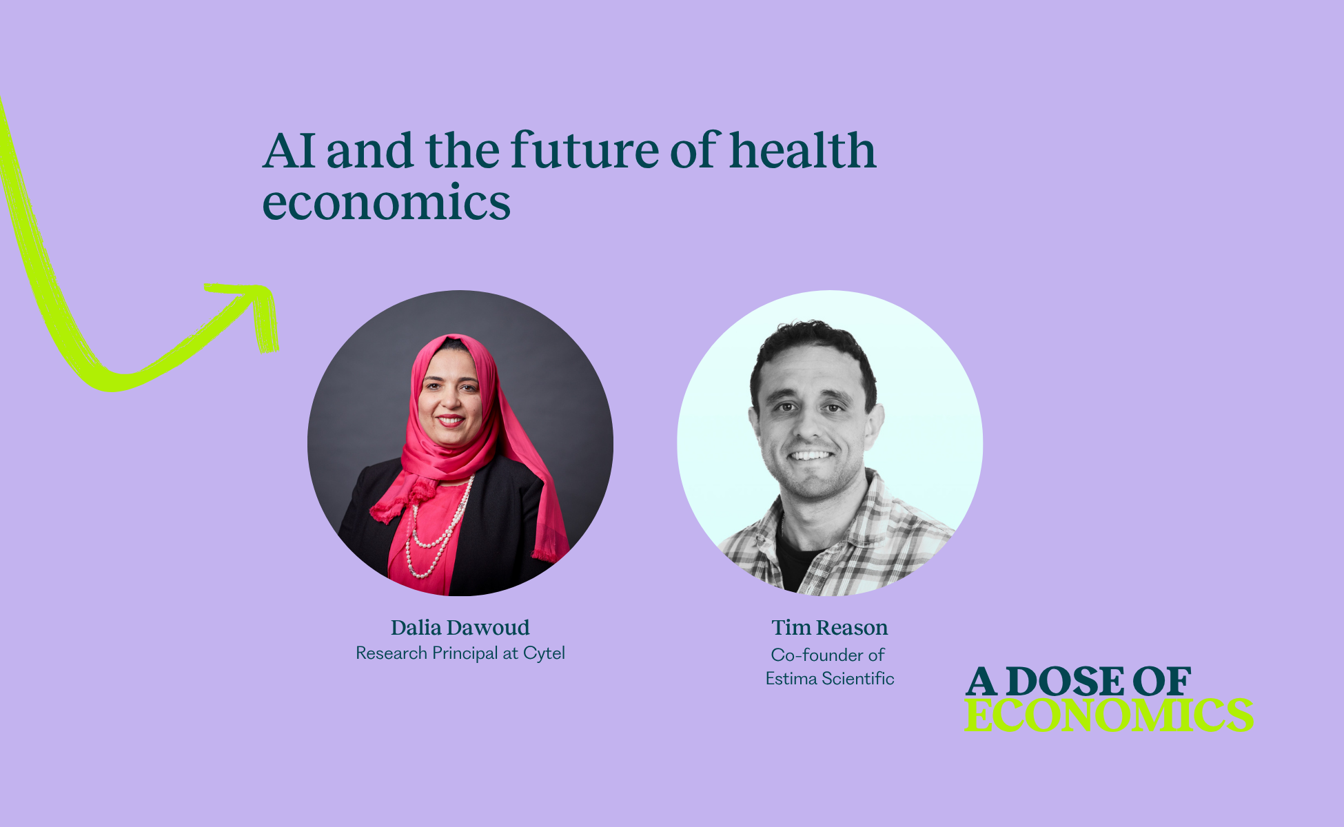 Header reads 'AI and the future of health economics' on a purple background with two circular portraits (Dalia Dawoud on left, Tim Reason on right).