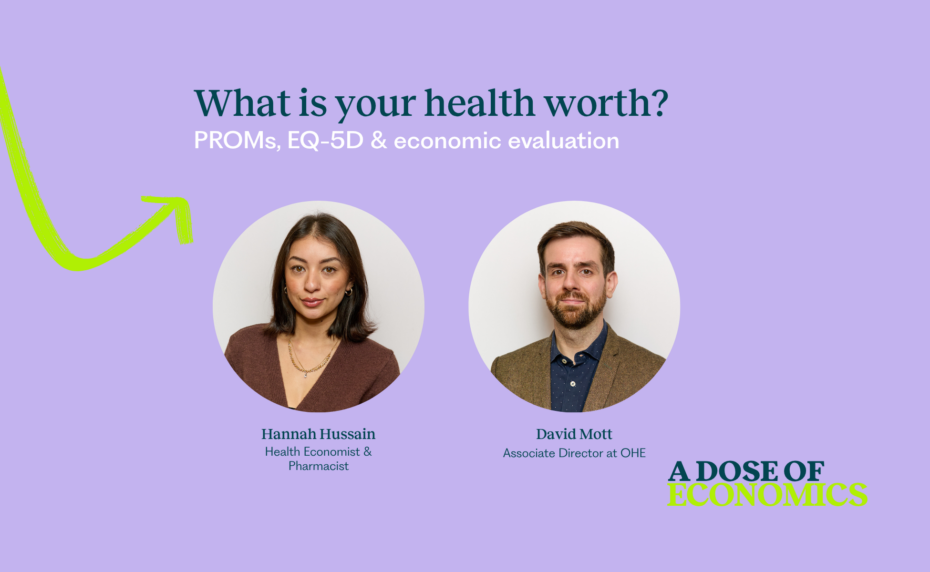 Banner with purple background, main title 'What is your health worth?' and two circular headshots beneath.