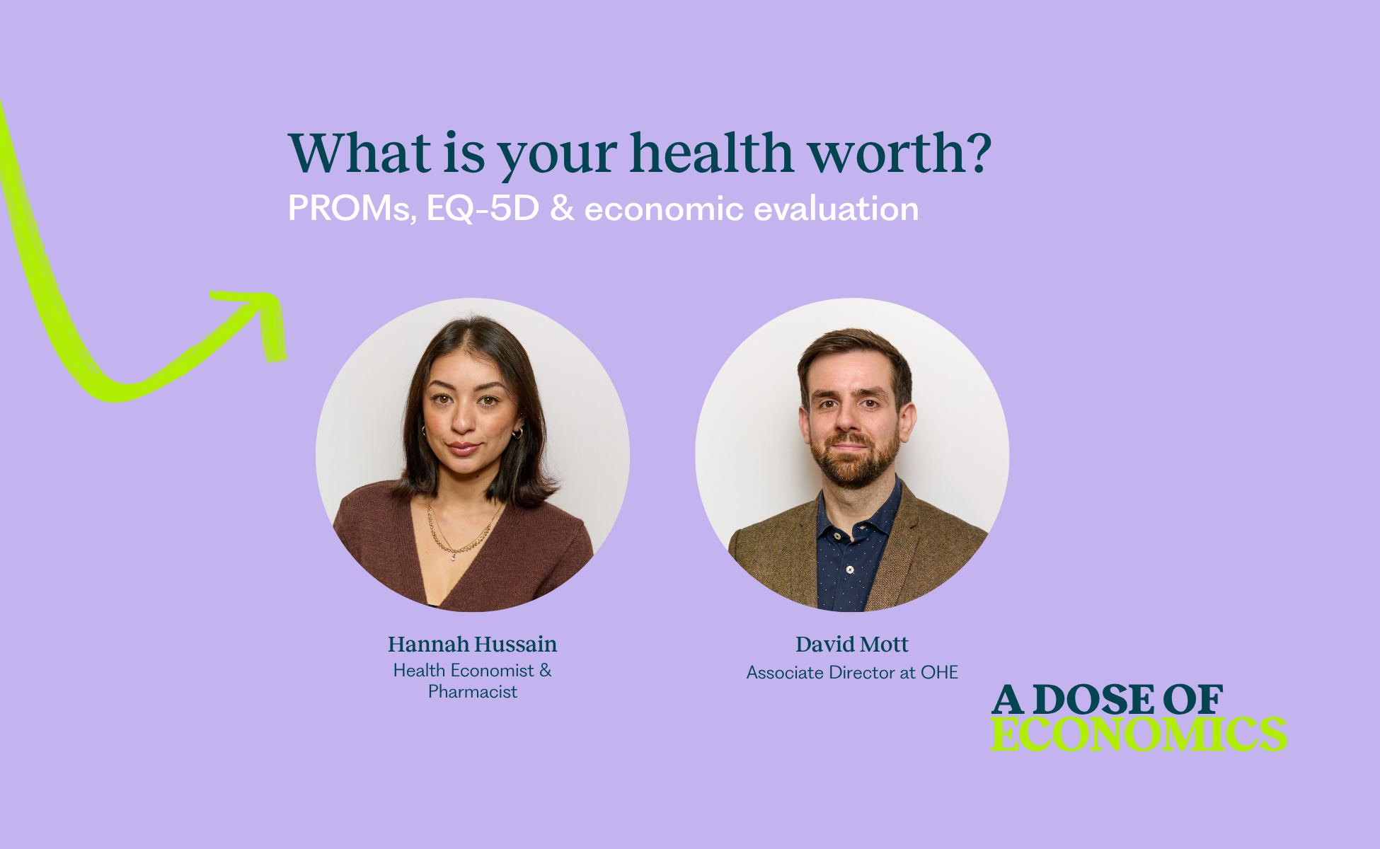 Banner with purple background, main title 'What is your health worth?' and two circular headshots beneath.