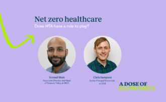 website picture - OHE Hero header with purple background, lime arrow decoration, and two circular headshots (Koonal Shah on left, Chris Sampson on right) under the title 'Net zero healthcare' and subtitle 'Does HTA have a role to play?'. The bottom right shows 'A Dose of Economics' text.
