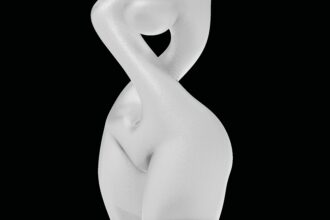 Minimalist 3D Female Mannequin Figure Abstract White Sculptural Anatomy on Black Background - OHE Abstract white sculpture with intertwined curves against a black background, emphasizing form over detail.