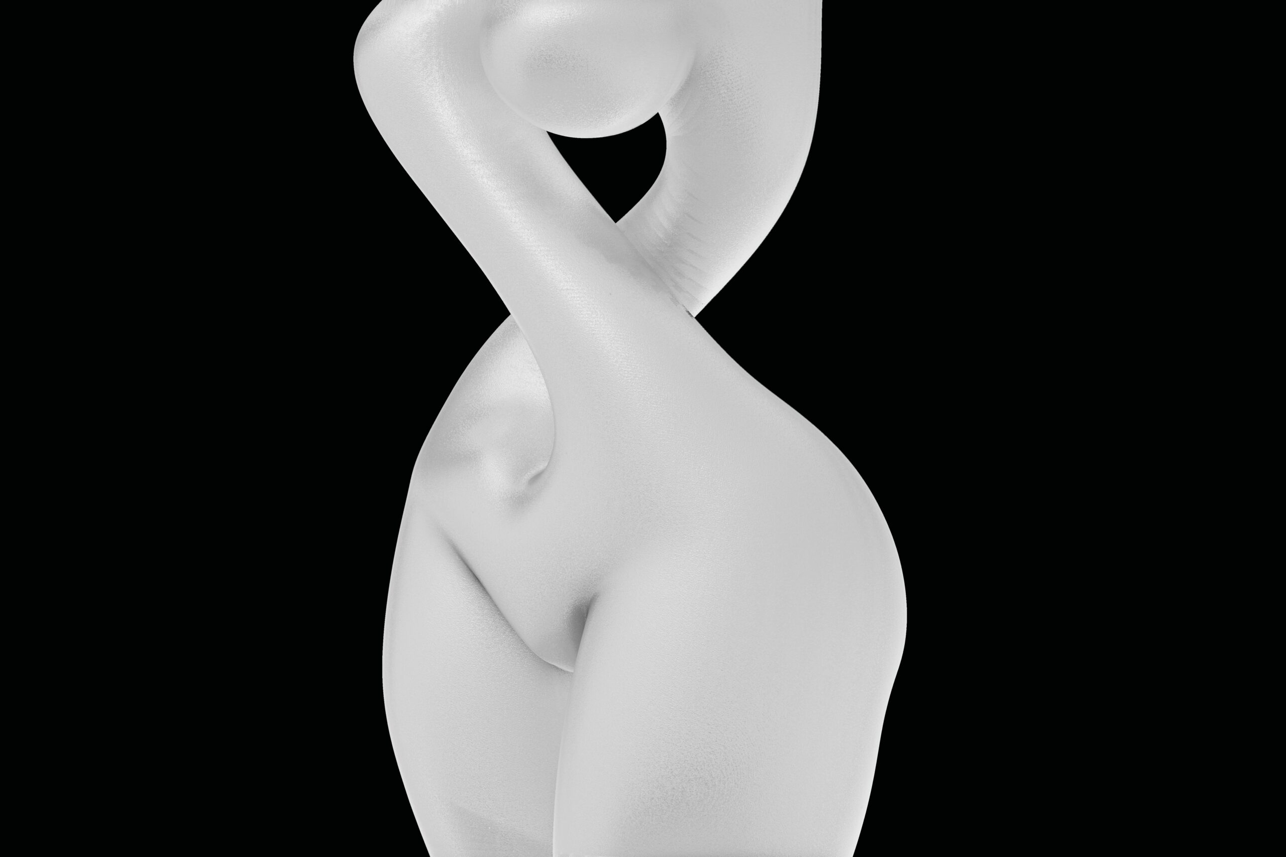 Abstract white sculpture with intertwined curves against a black background, emphasizing form over detail.