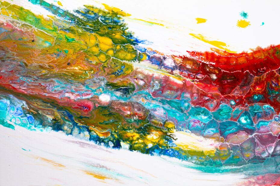 Abstract splash of rainbow colors swirled across a white canvas, with thick textured strokes and marbled patterns.