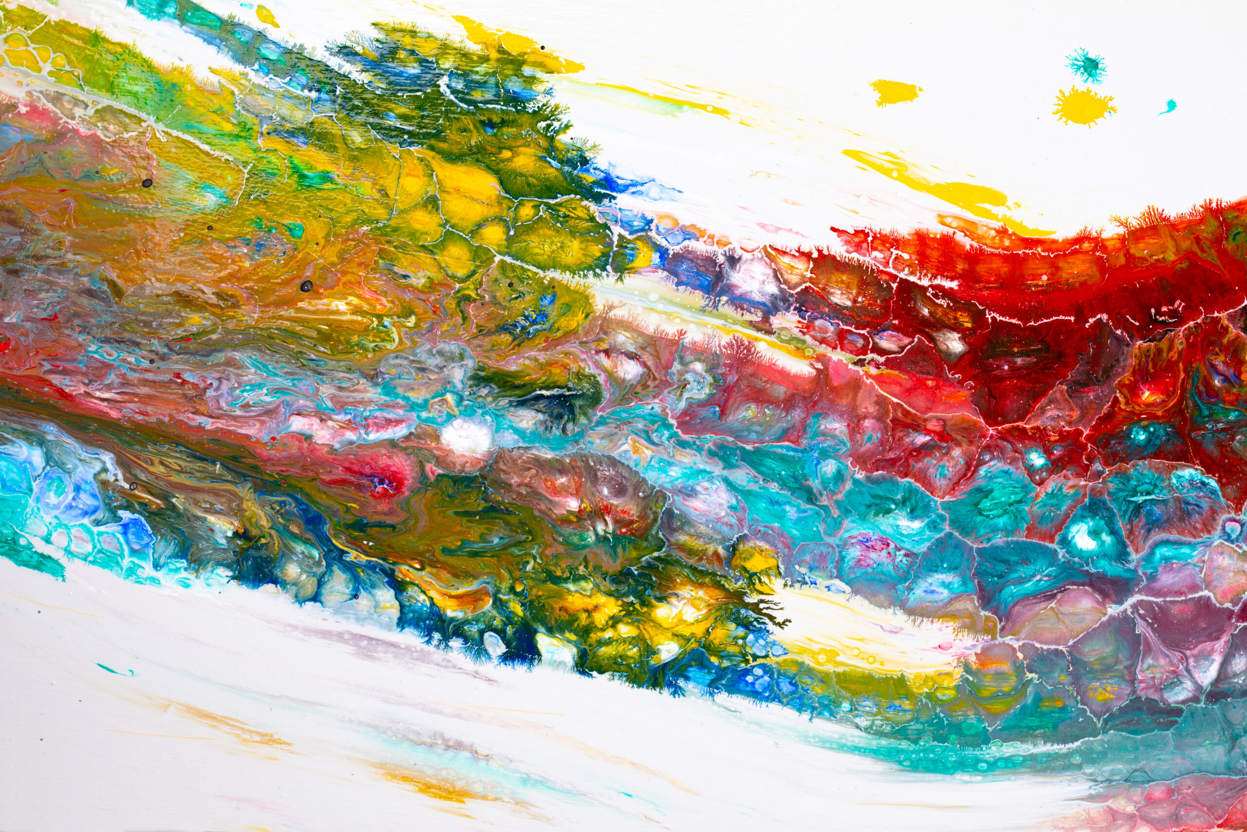 Abstract splash of rainbow colors swirled across a white canvas, with thick textured strokes and marbled patterns.