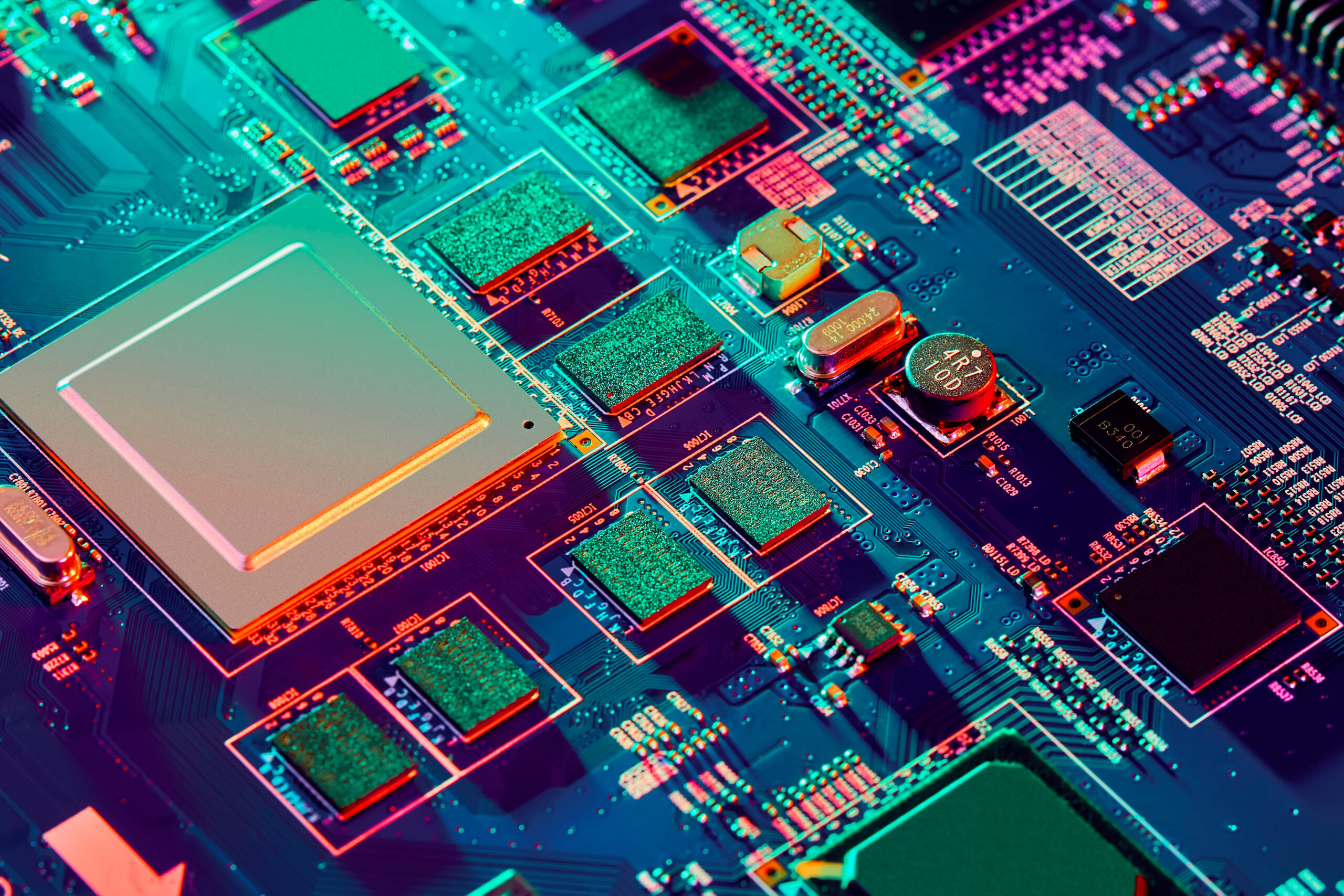 Close-up of a blue-green circuit board with chips, capacitors, and orange connectors illuminated in neon colors.