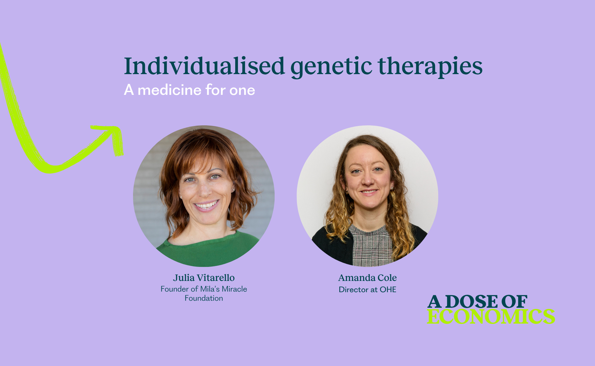 Purple banner featuring the headline 'Individualised genetic therapies' with a subtitle, and two circular headshots of Julia Vitarello and Amanda Cole with captions beneath them, plus a lime arrow on the left and 'A DOSE OF ECONOMICS' text in the corner.