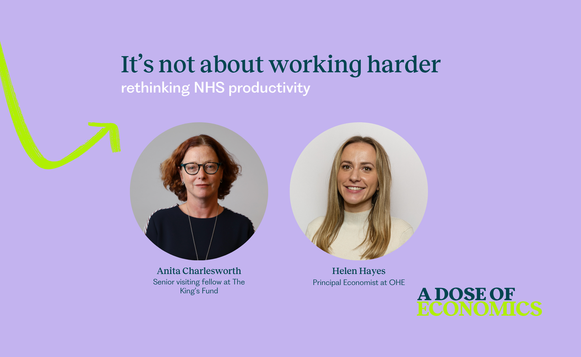 Two female professionals' headshots in circular frames on a lavender background, with the title 'It’s not about working harder' and subtitle 'rethinking NHS productivity' above them.